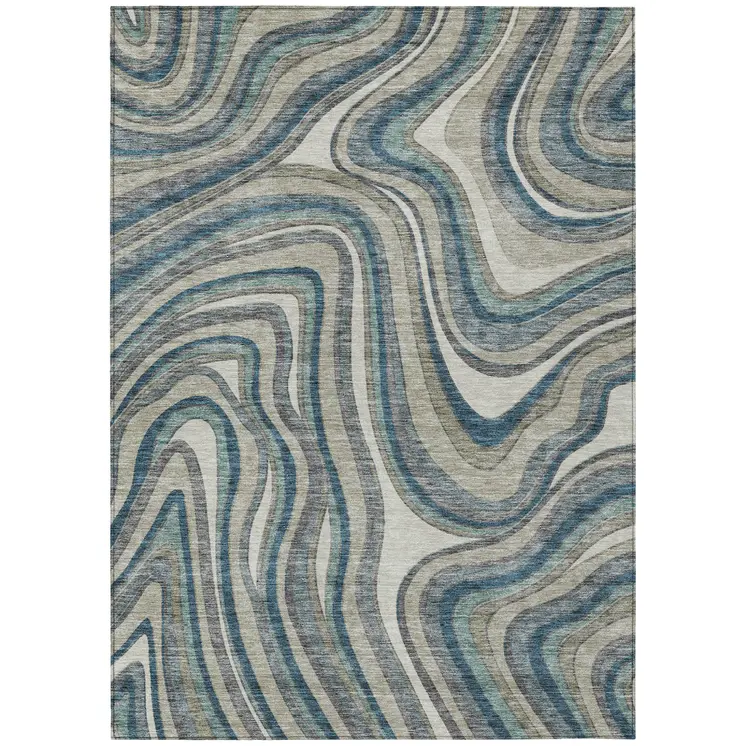 10' X 14' Teal Blue Gray And Taupe Abstract Washable Indoor Outdoor Area Rug