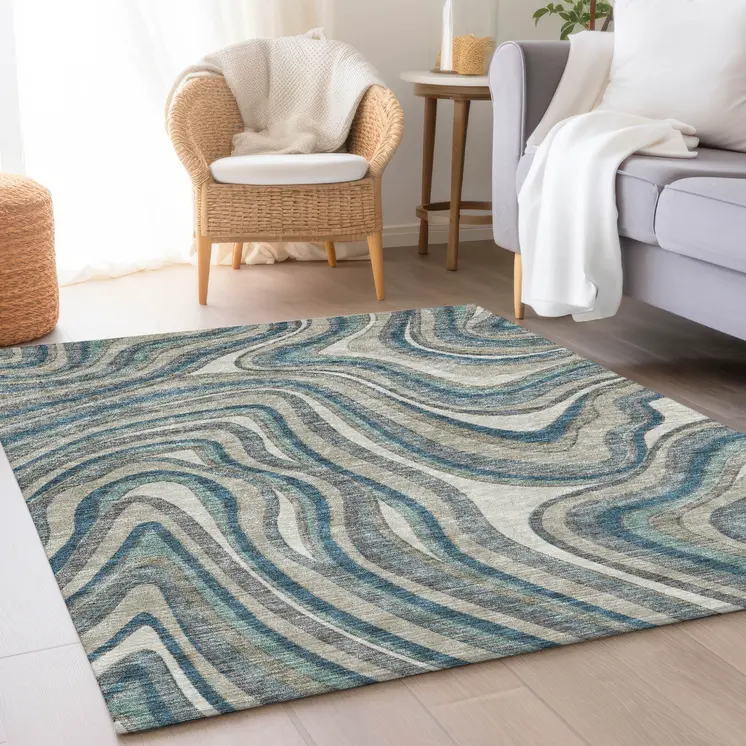 10' X 14' Teal Blue Gray And Taupe Abstract Washable Indoor Outdoor Area Rug