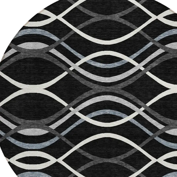 8' Black Gray And Ivory Round Abstract Washable Indoor Outdoor Area Rug