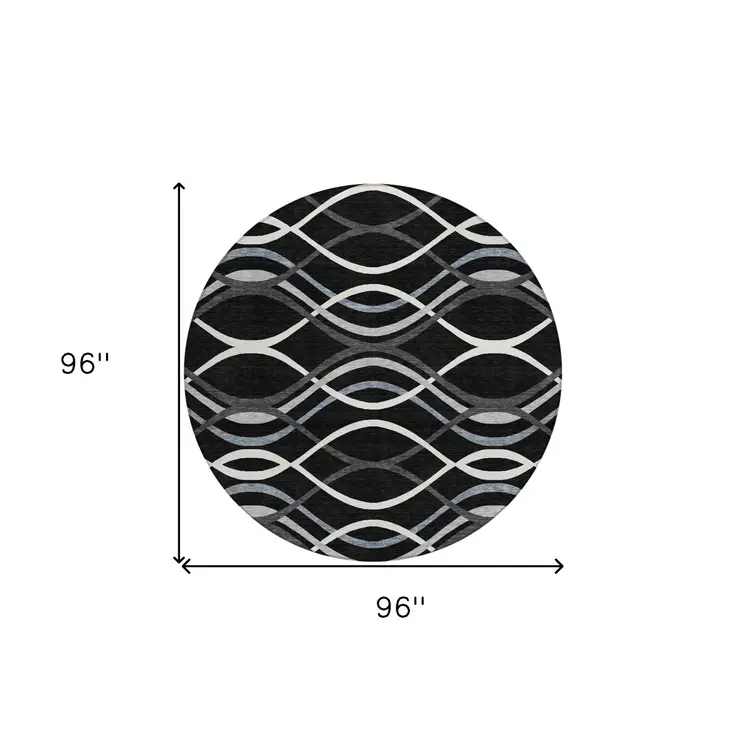 8' Black Gray And Ivory Round Abstract Washable Indoor Outdoor Area Rug