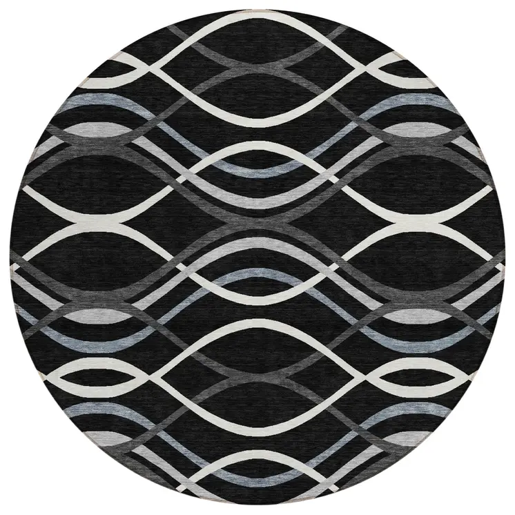 8' Black Gray And Ivory Round Abstract Washable Indoor Outdoor Area Rug