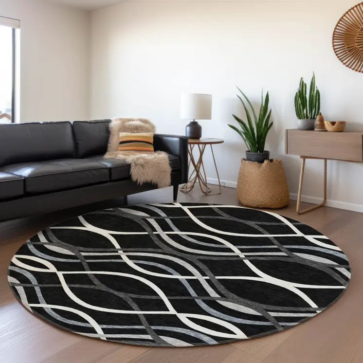 8' Black Gray And Ivory Round Abstract Washable Indoor Outdoor Area Rug