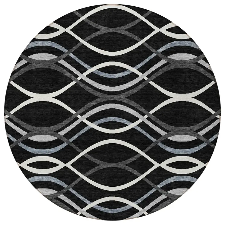 8' Black Gray And Ivory Round Abstract Washable Indoor Outdoor Area Rug