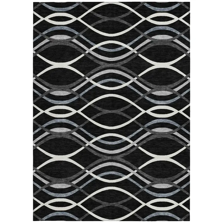 8' X 10' Black Gray And Ivory Abstract Washable Indoor Outdoor Area Rug