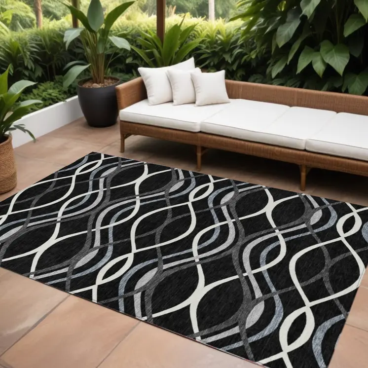8' X 10' Black Gray And Ivory Abstract Washable Indoor Outdoor Area Rug