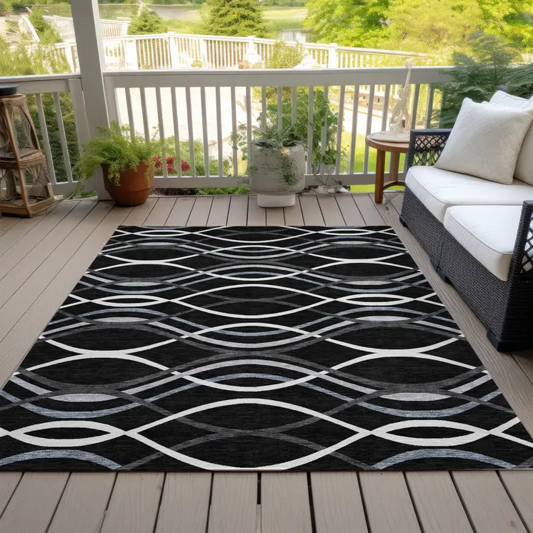 8' X 10' Black Gray And Ivory Abstract Washable Indoor Outdoor Area Rug