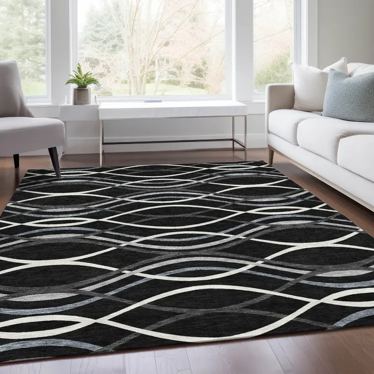 8' X 10' Black Gray And Ivory Abstract Washable Indoor Outdoor Area Rug