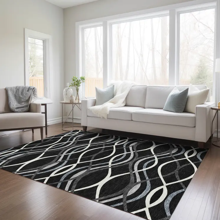 8' X 10' Black Gray And Ivory Abstract Washable Indoor Outdoor Area Rug
