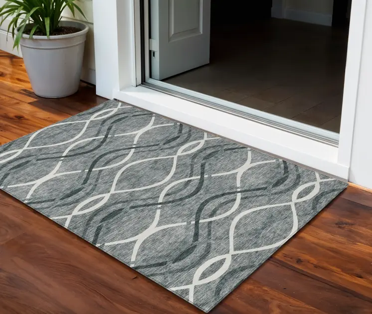 3' X 5' Gray Ivory And Charcoal Abstract Washable Indoor Outdoor Area Rug