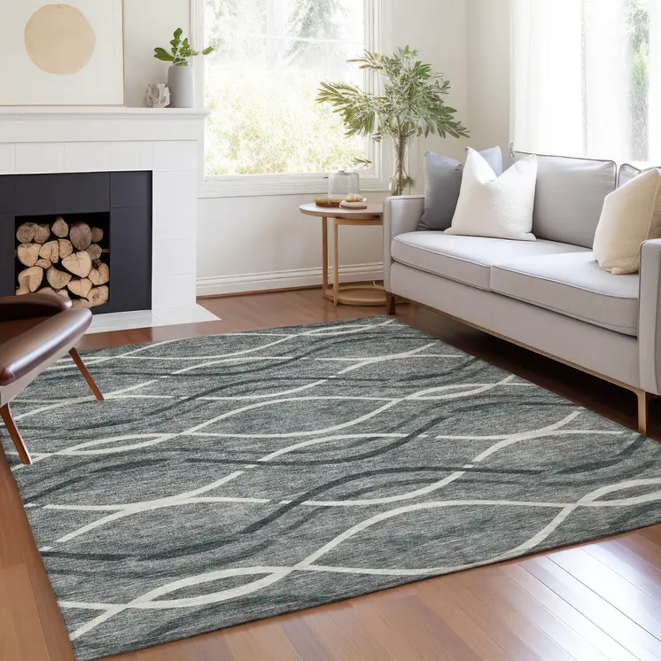 5' X 8' Gray Ivory And Charcoal Abstract Washable Indoor Outdoor Area Rug