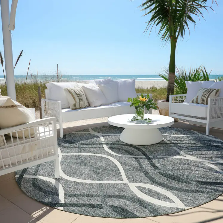 8' Gray Ivory And Charcoal Round Abstract Washable Indoor Outdoor Area Rug