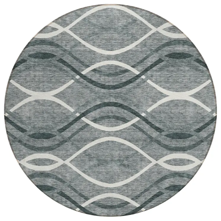 8' Gray Ivory And Charcoal Round Abstract Washable Indoor Outdoor Area Rug