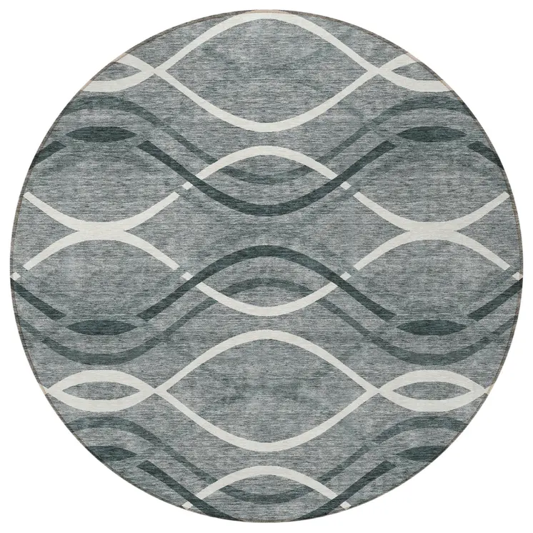 8' Gray Ivory And Charcoal Round Abstract Washable Indoor Outdoor Area Rug