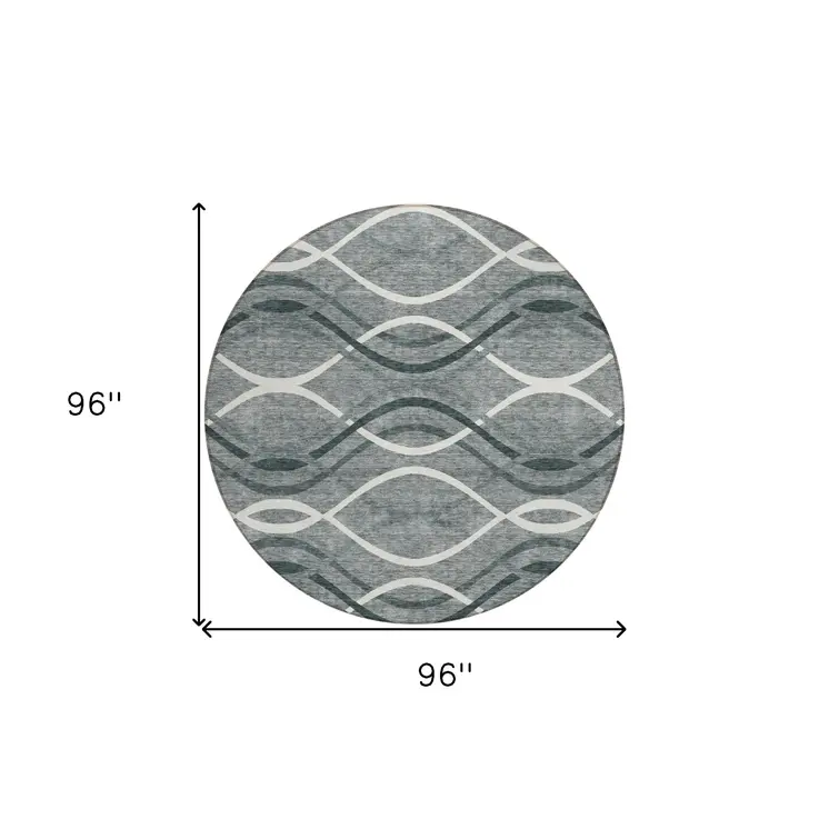 8' Gray Ivory And Charcoal Round Abstract Washable Indoor Outdoor Area Rug