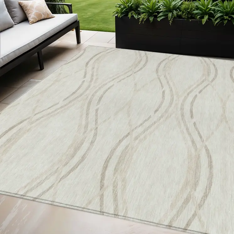 5' X 8' Ivory Beige And Taupe Abstract Washable Indoor Outdoor Area Rug