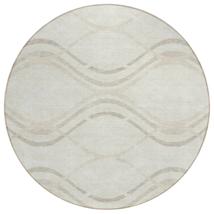 8' Ivory Beige And Taupe Round Abstract Washable Indoor Outdoor Area Rug