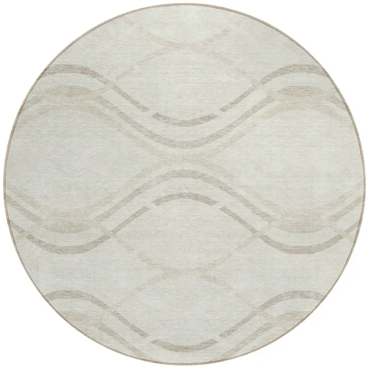 8' Ivory Beige And Taupe Round Abstract Washable Indoor Outdoor Area Rug