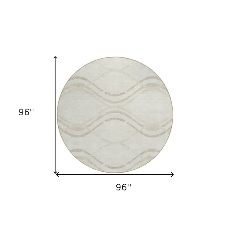 8' Ivory Beige And Taupe Round Abstract Washable Indoor Outdoor Area Rug