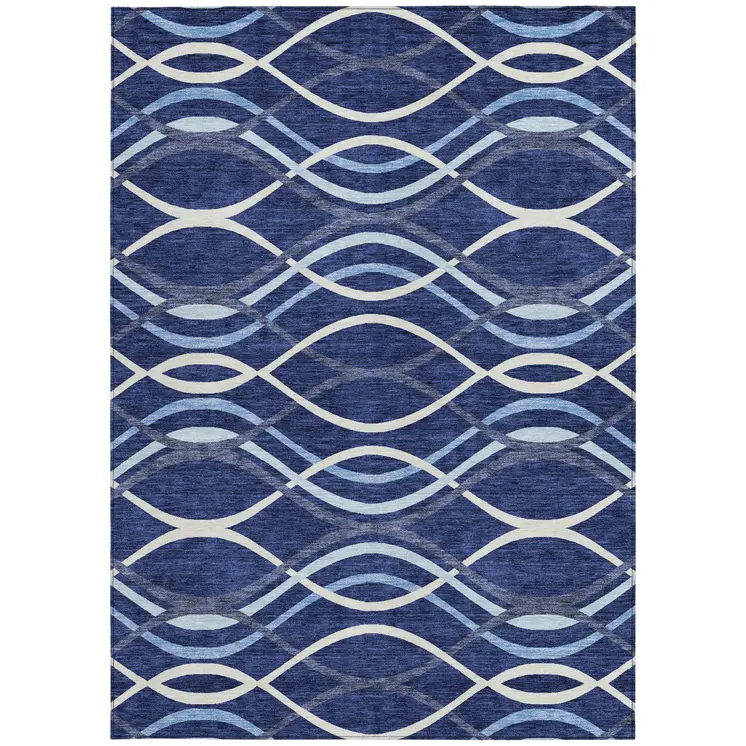 3' X 5' Navy Blue And Denim Blue Abstract Washable Indoor Outdoor Area Rug