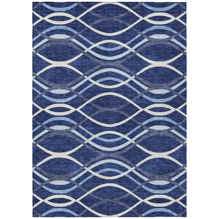 3' X 5' Navy Blue And Denim Blue Abstract Washable Indoor Outdoor Area Rug