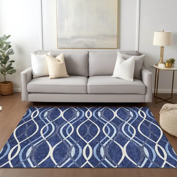 3' X 5' Navy Blue And Denim Blue Abstract Washable Indoor Outdoor Area Rug