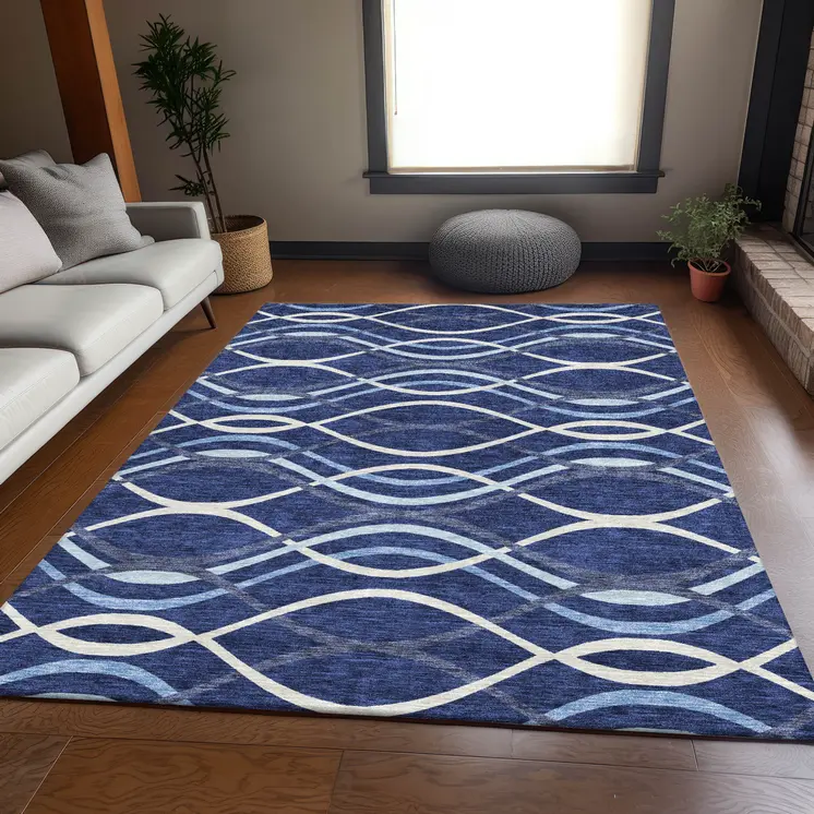 5' X 8' Navy Blue And Denim Blue Abstract Washable Indoor Outdoor Area Rug