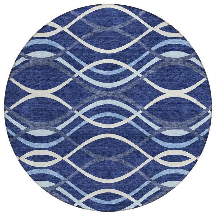 8' Navy Blue And Denim Blue Round Abstract Washable Indoor Outdoor Area Rug