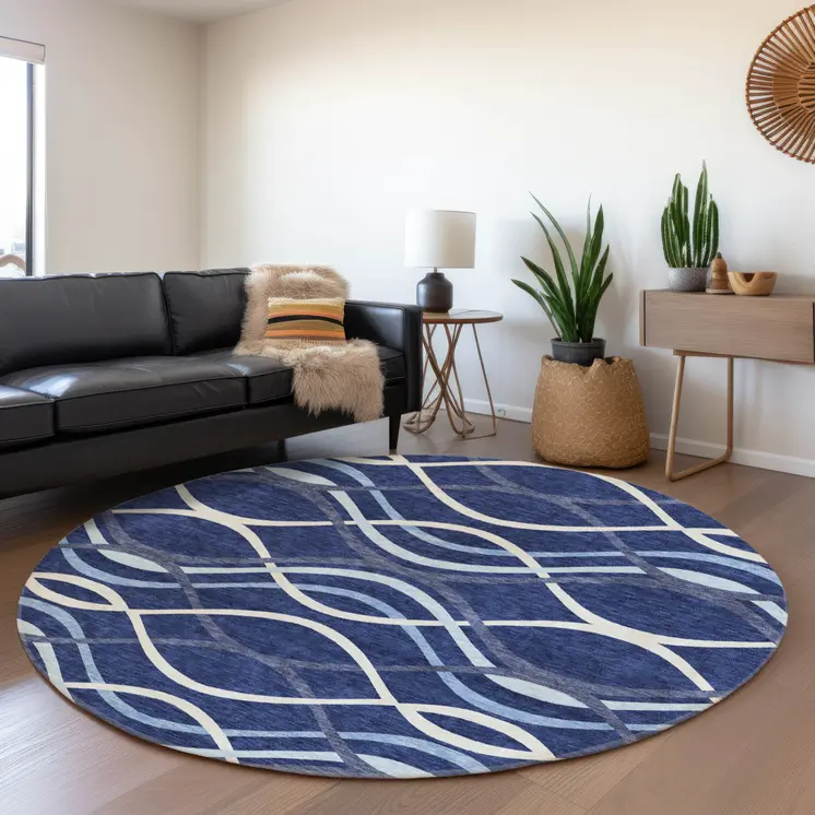 8' Navy Blue And Denim Blue Round Abstract Washable Indoor Outdoor Area Rug