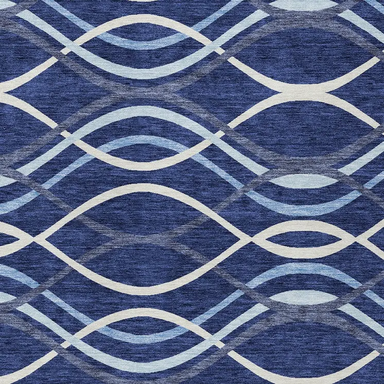 9' X 12' Navy Blue And Denim Blue Abstract Washable Indoor Outdoor Area Rug