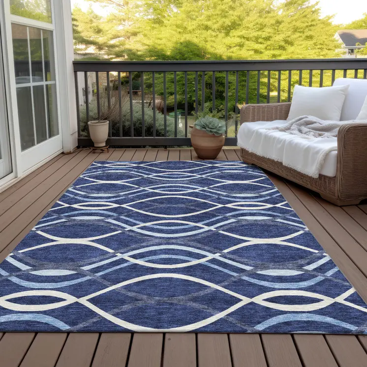 10' X 14' Navy Blue And Denim Blue Abstract Washable Indoor Outdoor Area Rug