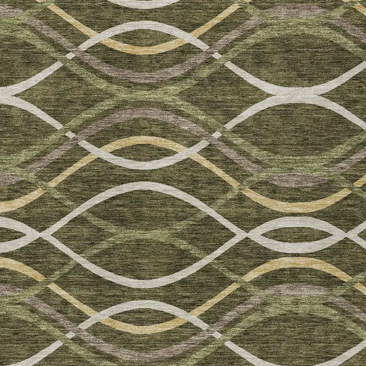 5' X 8' Olive Green Fern Green And Ivory Abstract Washable Indoor Outdoor Area Rug