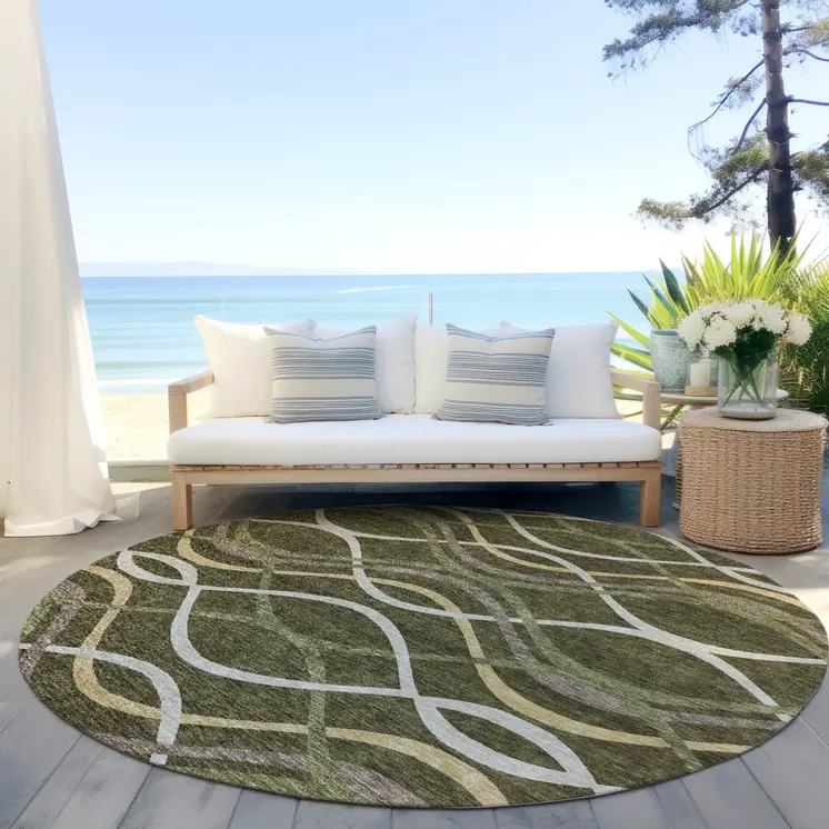 8' Olive Green Fern Green And Ivory Round Abstract Washable Indoor Outdoor Area Rug