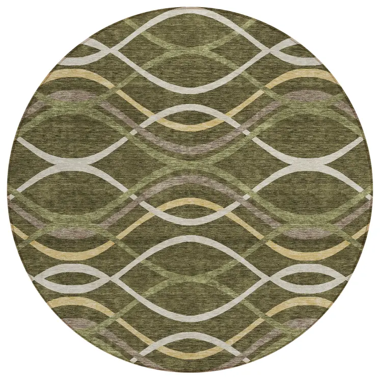 8' Olive Green Fern Green And Ivory Round Abstract Washable Indoor Outdoor Area Rug