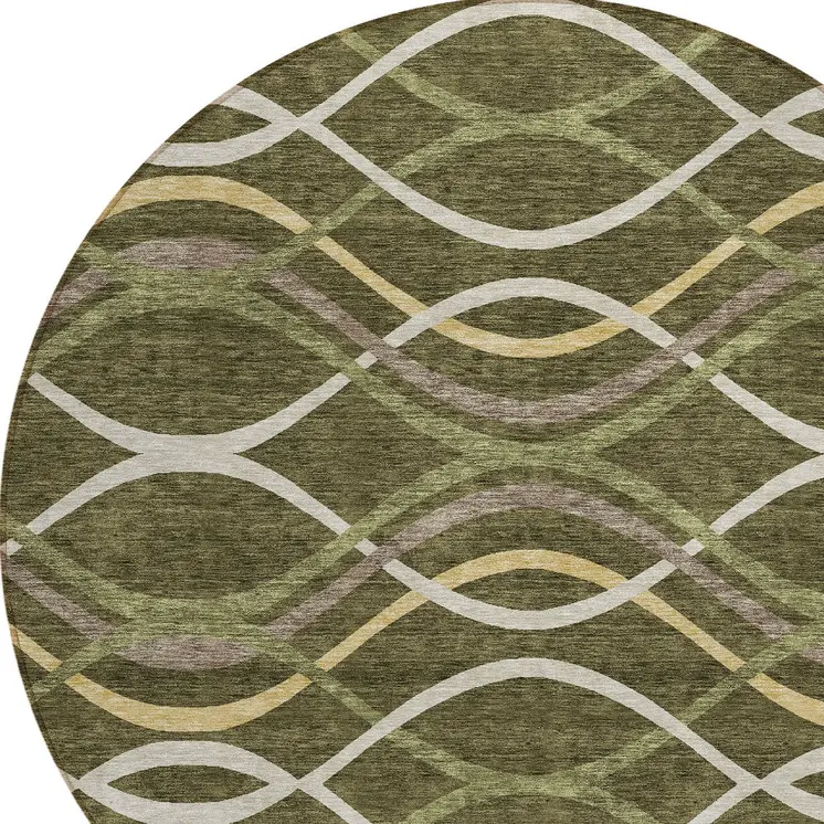 8' Olive Green Fern Green And Ivory Round Abstract Washable Indoor Outdoor Area Rug