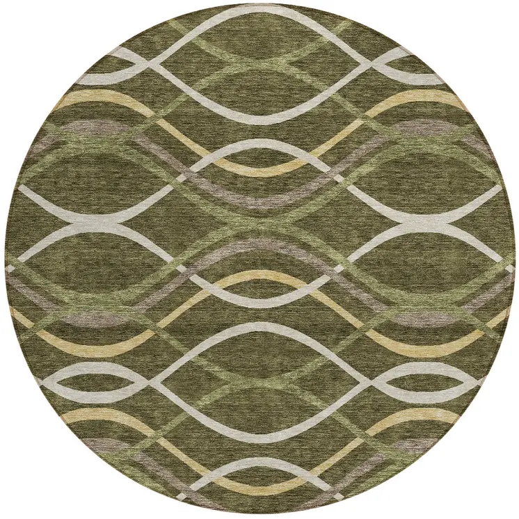 8' Olive Green Fern Green And Ivory Round Abstract Washable Indoor Outdoor Area Rug