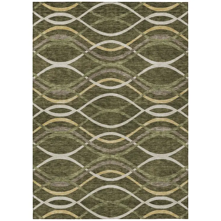 9' X 12' Olive Green Fern Green And Ivory Abstract Washable Indoor Outdoor Area Rug