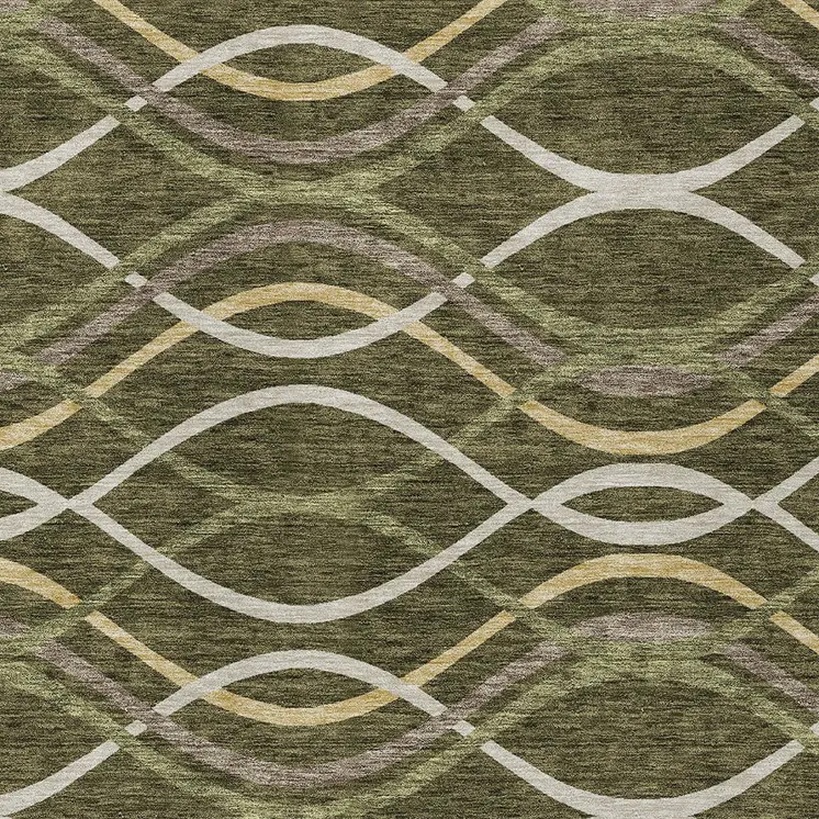 9' X 12' Olive Green Fern Green And Ivory Abstract Washable Indoor Outdoor Area Rug