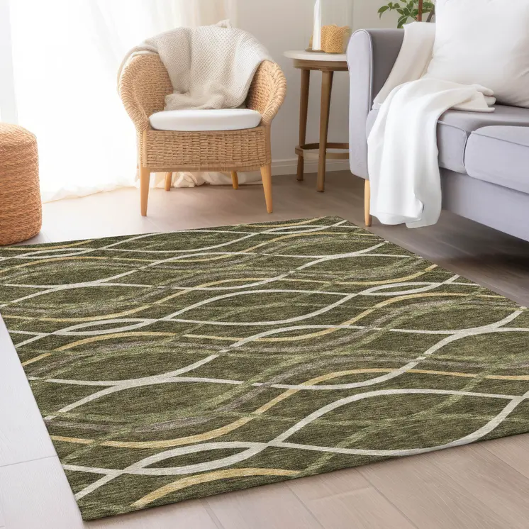 9' X 12' Olive Green Fern Green And Ivory Abstract Washable Indoor Outdoor Area Rug