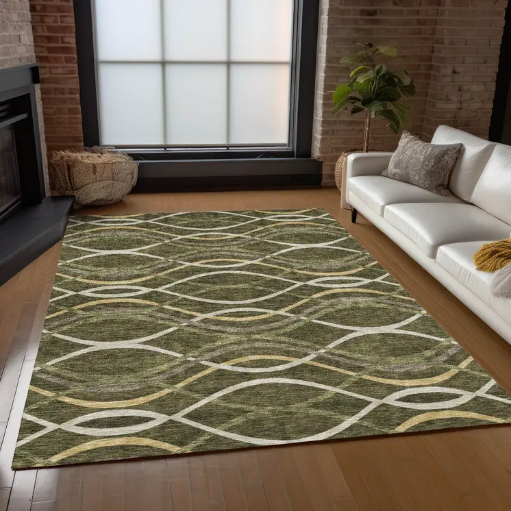 9' X 12' Olive Green Fern Green And Ivory Abstract Washable Indoor Outdoor Area Rug