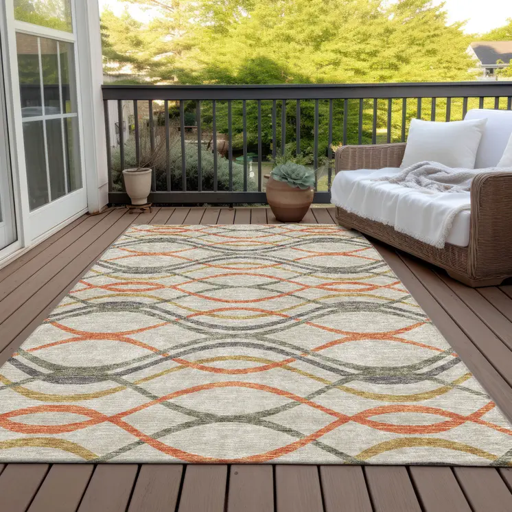 5' X 8' Orange Ivory And Gray Abstract Washable Indoor Outdoor Area Rug
