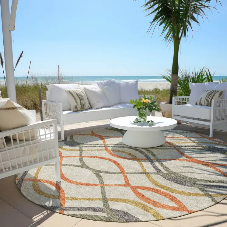 8' Orange Ivory And Gray Round Abstract Washable Indoor Outdoor Area Rug