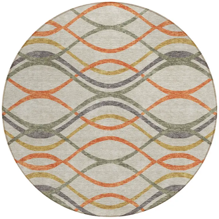 8' Orange Ivory And Gray Round Abstract Washable Indoor Outdoor Area Rug