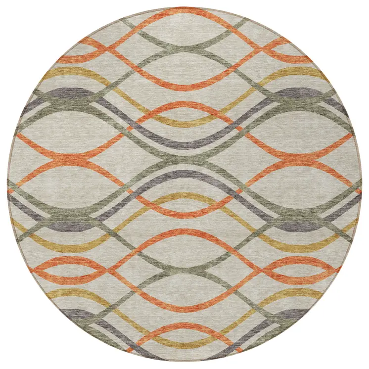 8' Orange Ivory And Gray Round Abstract Washable Indoor Outdoor Area Rug