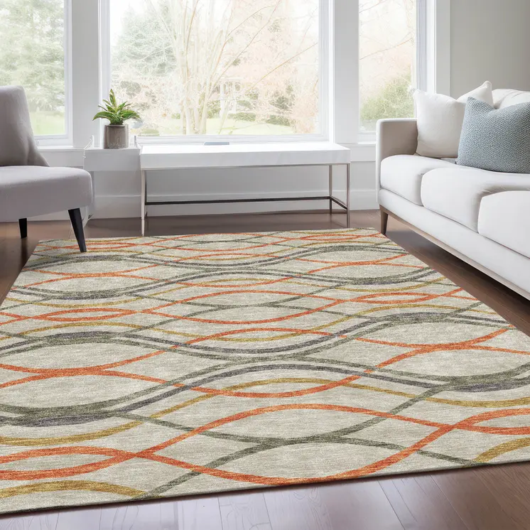 9' X 12' Orange Ivory And Gray Abstract Washable Indoor Outdoor Area Rug