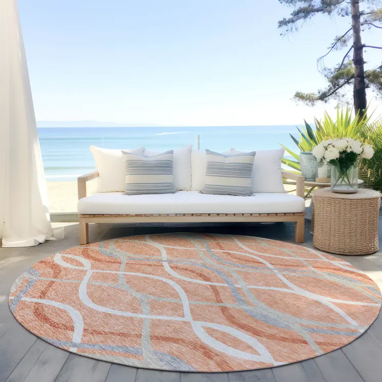 8' Peach Orange And Gray Round Abstract Washable Indoor Outdoor Area Rug