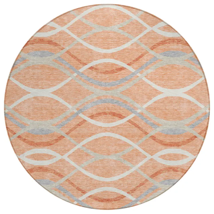 8' Peach Orange And Gray Round Abstract Washable Indoor Outdoor Area Rug