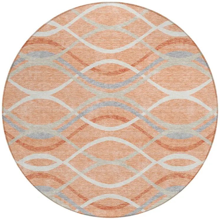 8' Peach Orange And Gray Round Abstract Washable Indoor Outdoor Area Rug