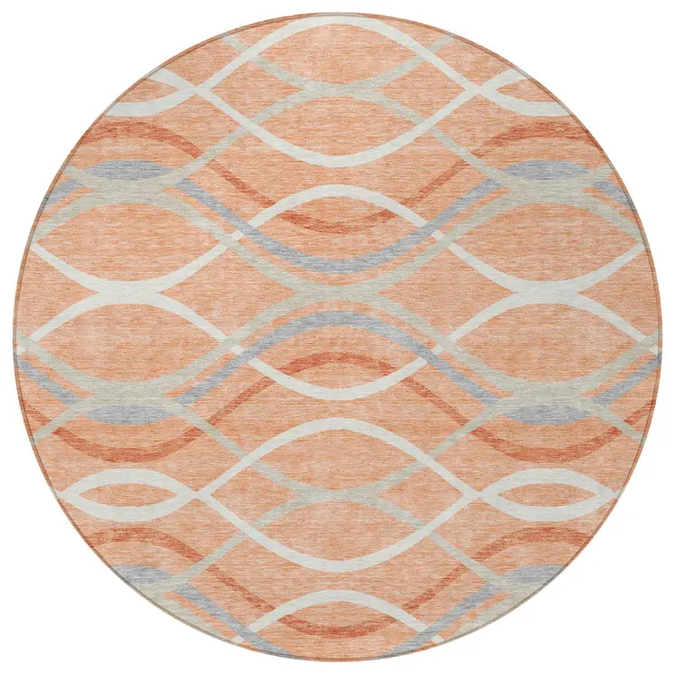 8' Peach Orange And Gray Round Abstract Washable Indoor Outdoor Area Rug