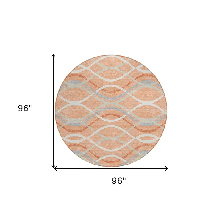 8' Peach Orange And Gray Round Abstract Washable Indoor Outdoor Area Rug