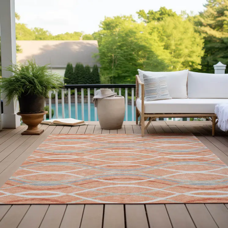 9' X 12' Peach Orange And Gray Abstract Washable Indoor Outdoor Area Rug